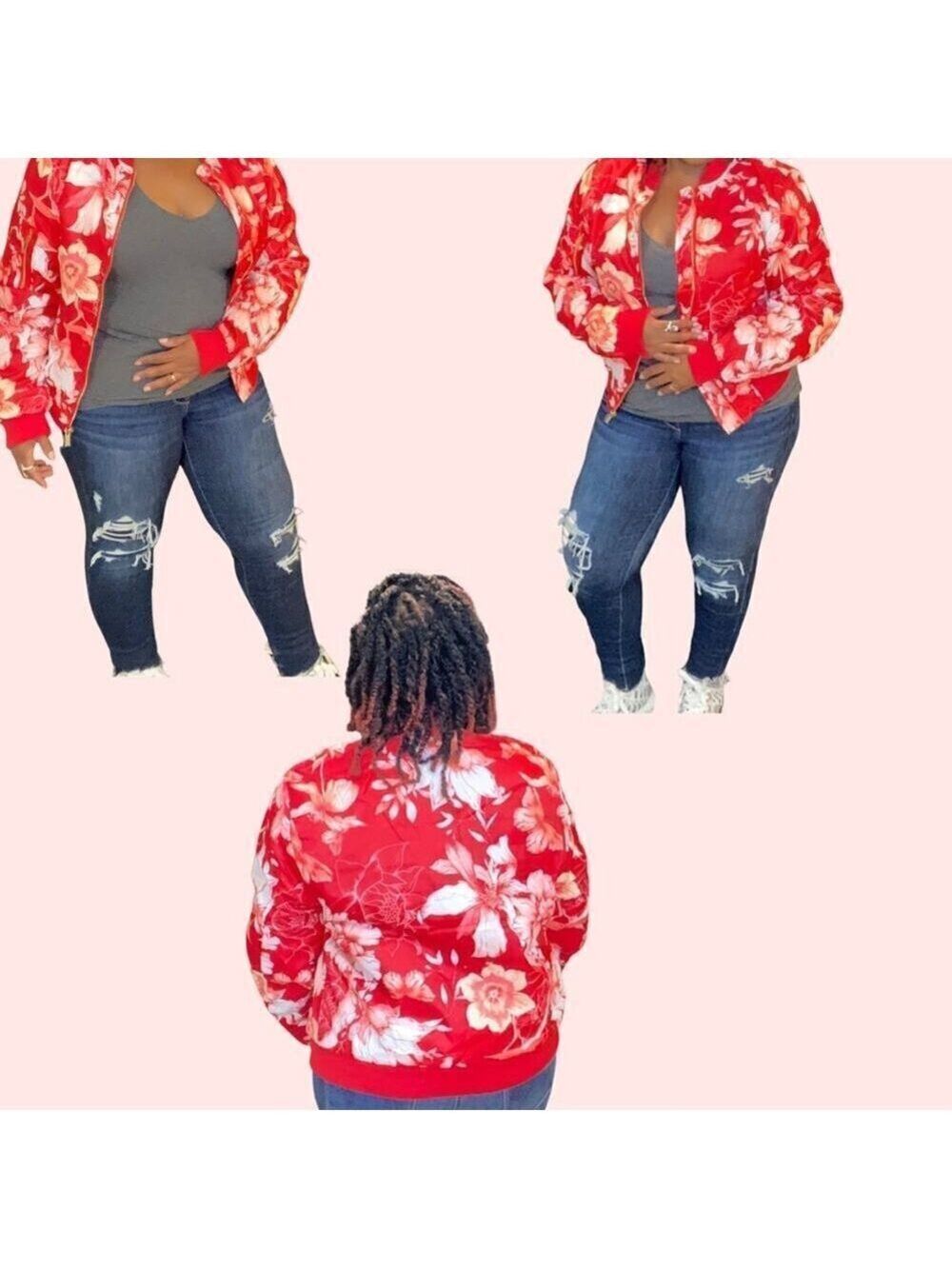 Flower Power Bomber Jacket Boutique Red Remaining